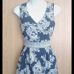 Navy Blue & White Printed Dress